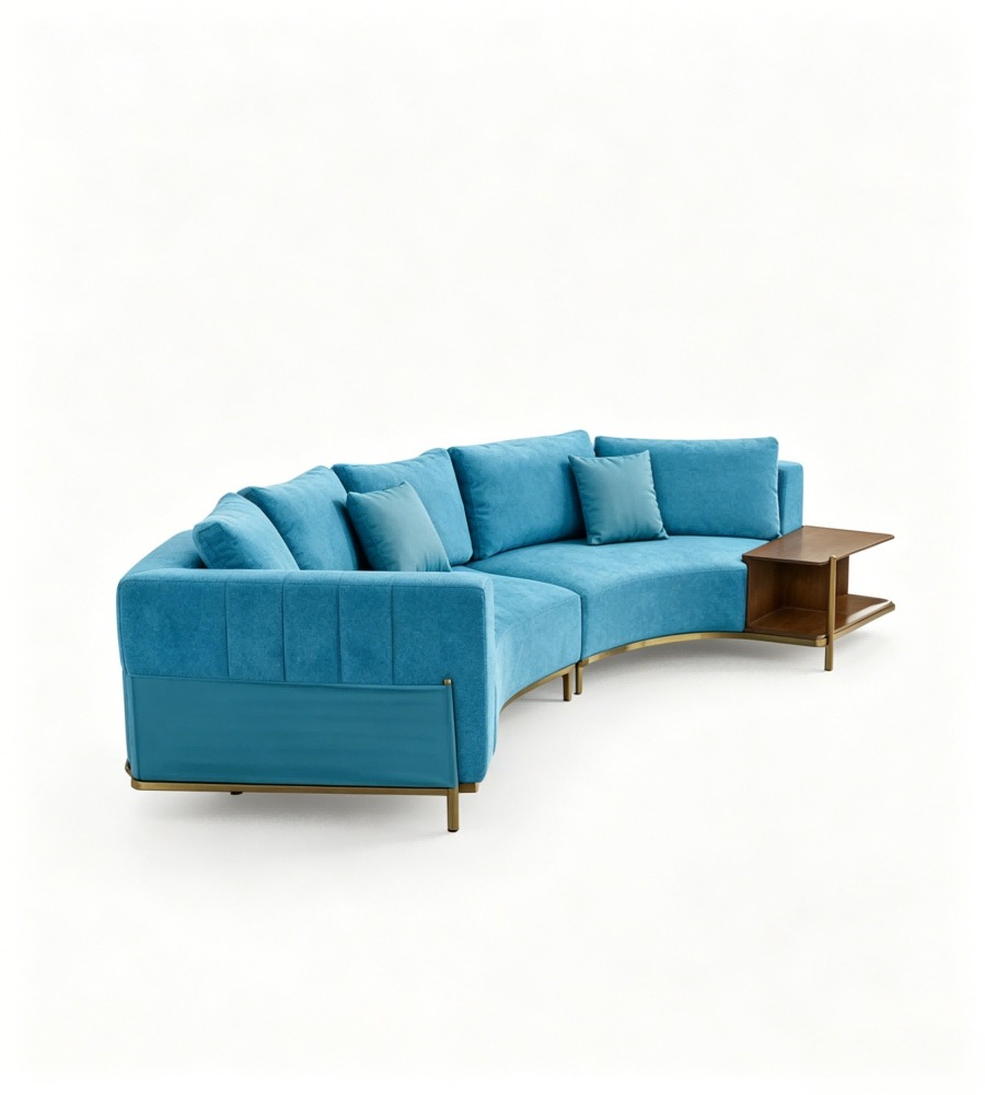 現代輕奢藍色布藝拼皮弧形帶邊櫃梳化 Modern Light Luxury Blue Fabric and Leather Curved Sofa with Side Cabinet
