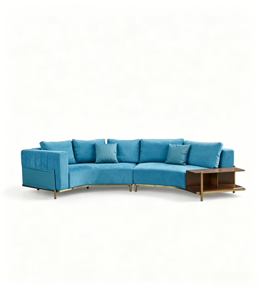 現代輕奢藍色布藝拼皮弧形帶邊櫃梳化 Modern Light Luxury Blue Fabric and Leather Curved Sofa with Side Cabinet