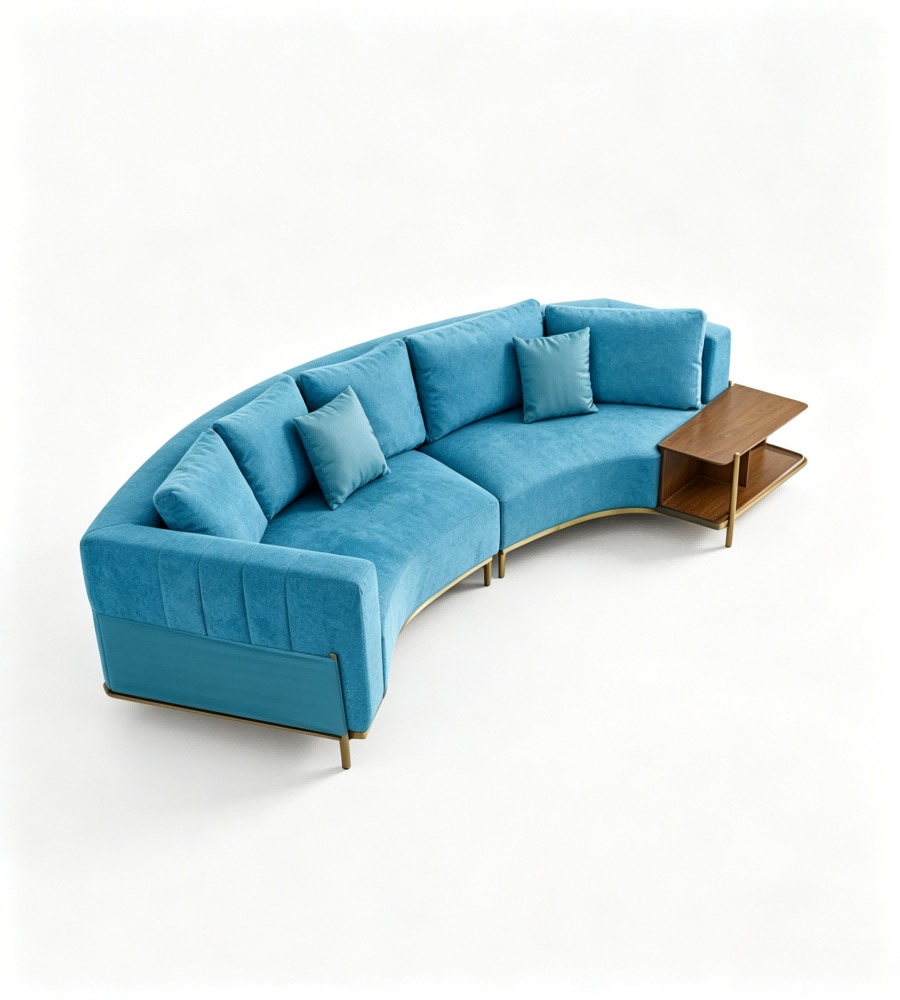 現代輕奢藍色布藝拼皮弧形帶邊櫃梳化 Modern Light Luxury Blue Fabric and Leather Curved Sofa with Side Cabinet