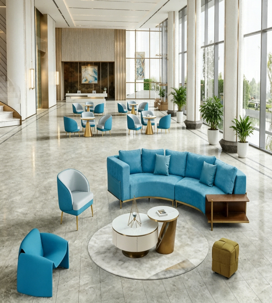 現代輕奢藍色布藝拼皮弧形帶邊櫃梳化 Modern Light Luxury Blue Fabric and Leather Curved Sofa with Side Cabinet