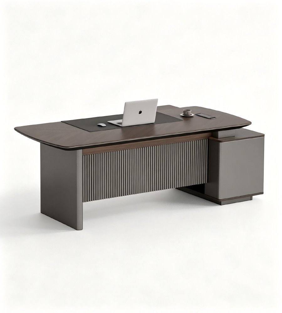 現代智能胡桃木配鐵灰L形帶USB燈帶側櫃老闆枱 Modern Smart Walnut and Iron Grey L-Shaped Boss Desk with Side Cabinet