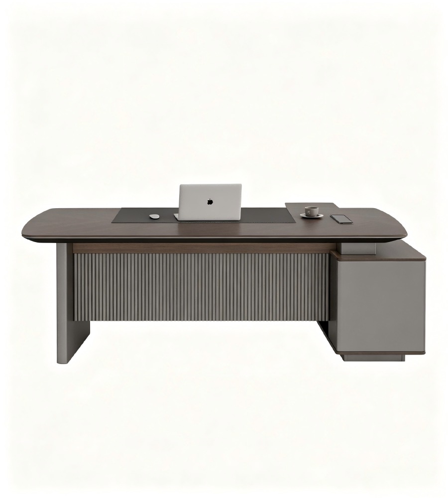 現代智能胡桃木配鐵灰L形帶USB燈帶側櫃老闆枱 Modern Smart Walnut and Iron Grey L-Shaped Boss Desk with Side Cabinet