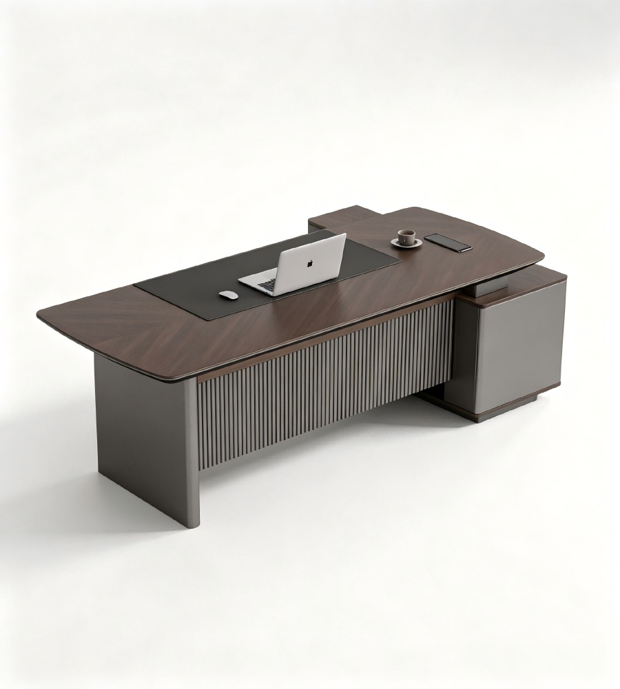 現代智能胡桃木配鐵灰L形帶USB燈帶側櫃老闆枱 Modern Smart Walnut and Iron Grey L-Shaped Boss Desk with Side Cabinet