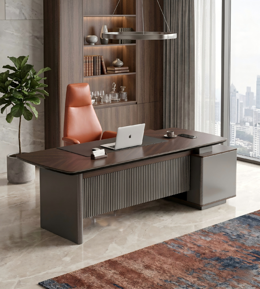 現代智能胡桃木配鐵灰L形帶USB燈帶側櫃老闆枱 Modern Smart Walnut and Iron Grey L-Shaped Boss Desk with Side Cabinet