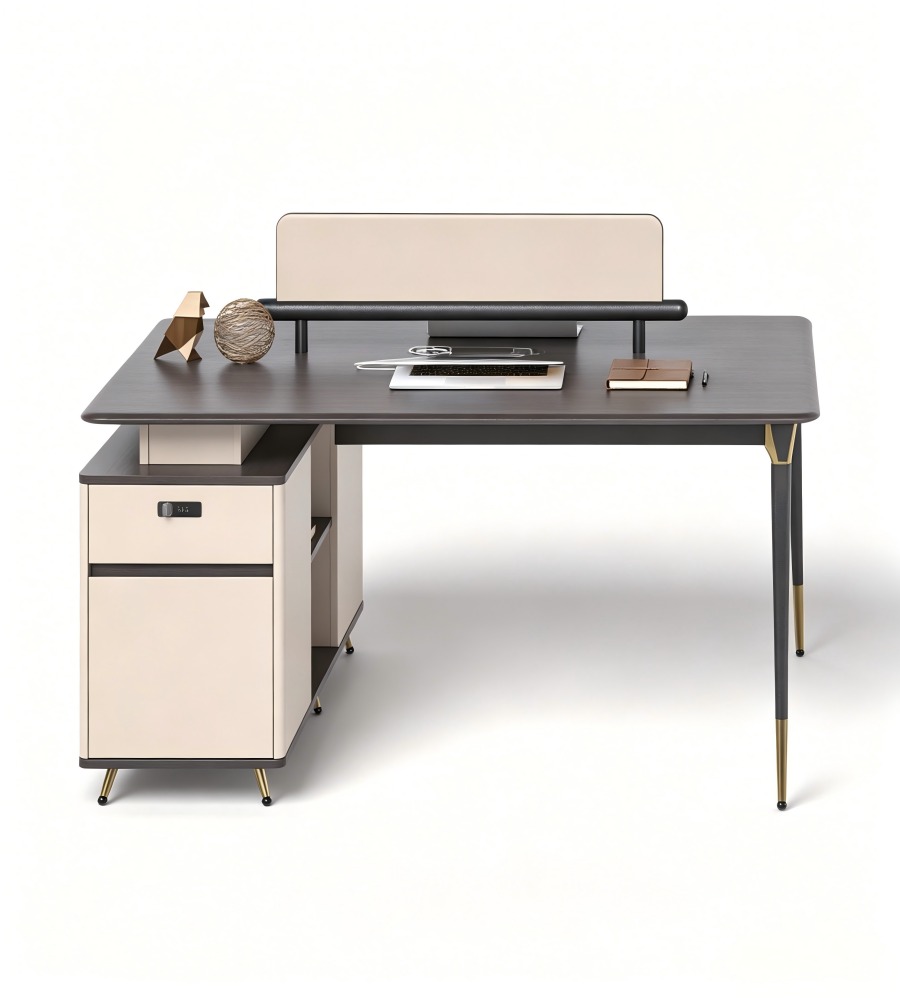 輕奢深木色帶櫃桶辦公枱 Light Luxury Dark Wood Office Desk with Cabinet