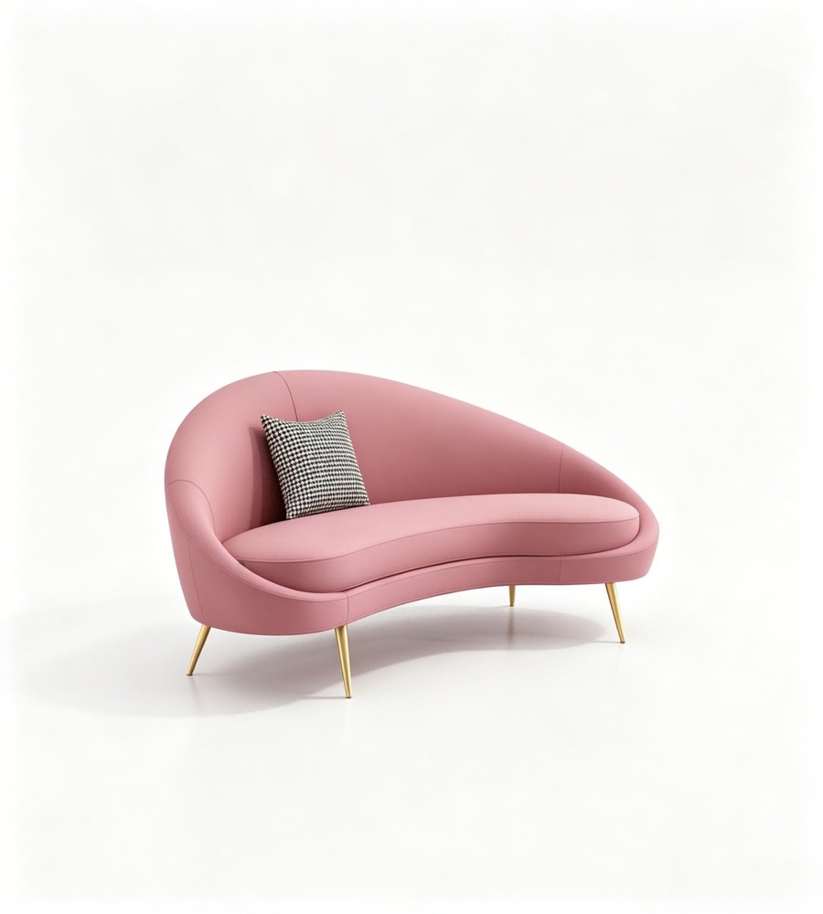 現代輕奢粉紅色西皮弧形帶抱枕梳化 Modern Light Luxury Pink Faux Leather Curved Sofa with Cushions