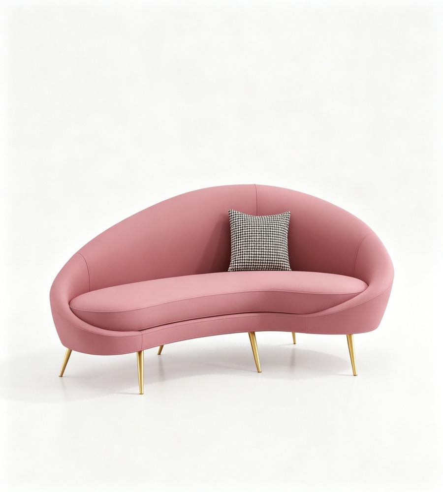 現代輕奢粉紅色西皮弧形帶抱枕梳化 Modern Light Luxury Pink Faux Leather Curved Sofa with Cushions