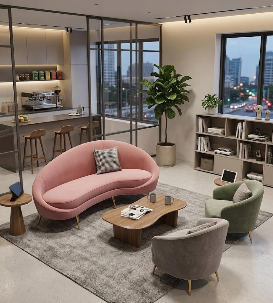 現代輕奢粉紅色西皮弧形帶抱枕梳化 Modern Light Luxury Pink Faux Leather Curved Sofa with Cushions