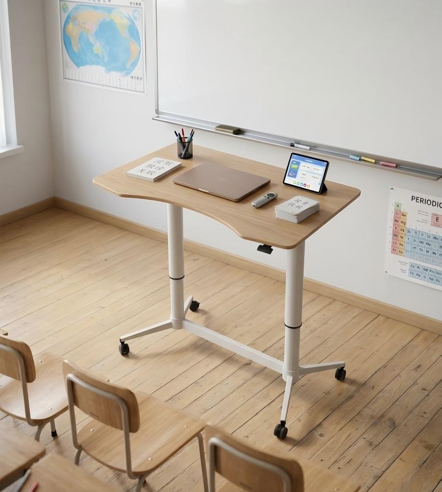 簡約淺木色升降式帶轆講台 Ergonomic Light Wood Adjustable Podium with Wheels