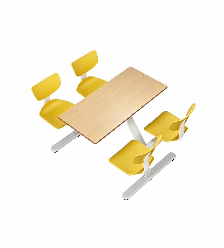 簡約學校飯堂淺木色配黃色鋼架四人位連體餐枱 School Dining Table Set