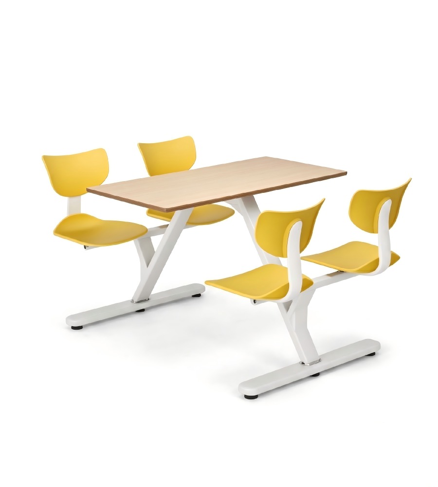 簡約學校飯堂淺木色配黃色鋼架四人位連體餐枱 School Dining Table Set