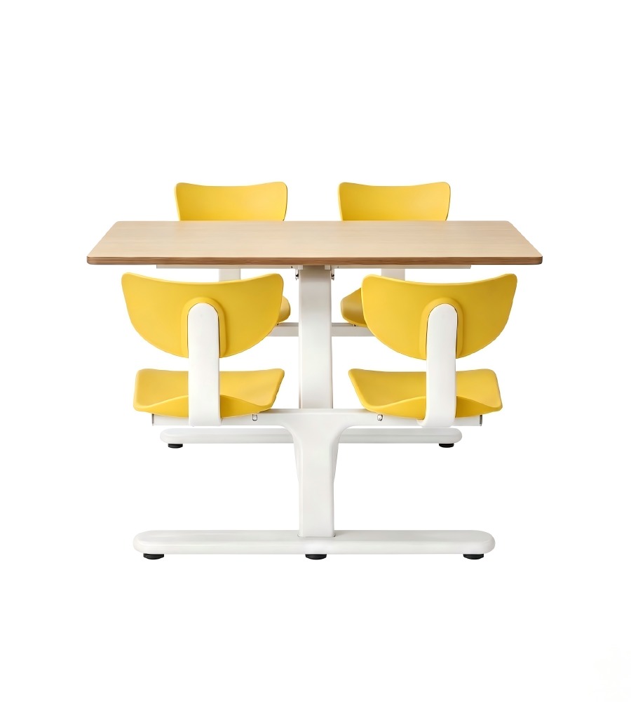 簡約學校飯堂淺木色配黃色鋼架四人位連體餐枱 School Dining Table Set