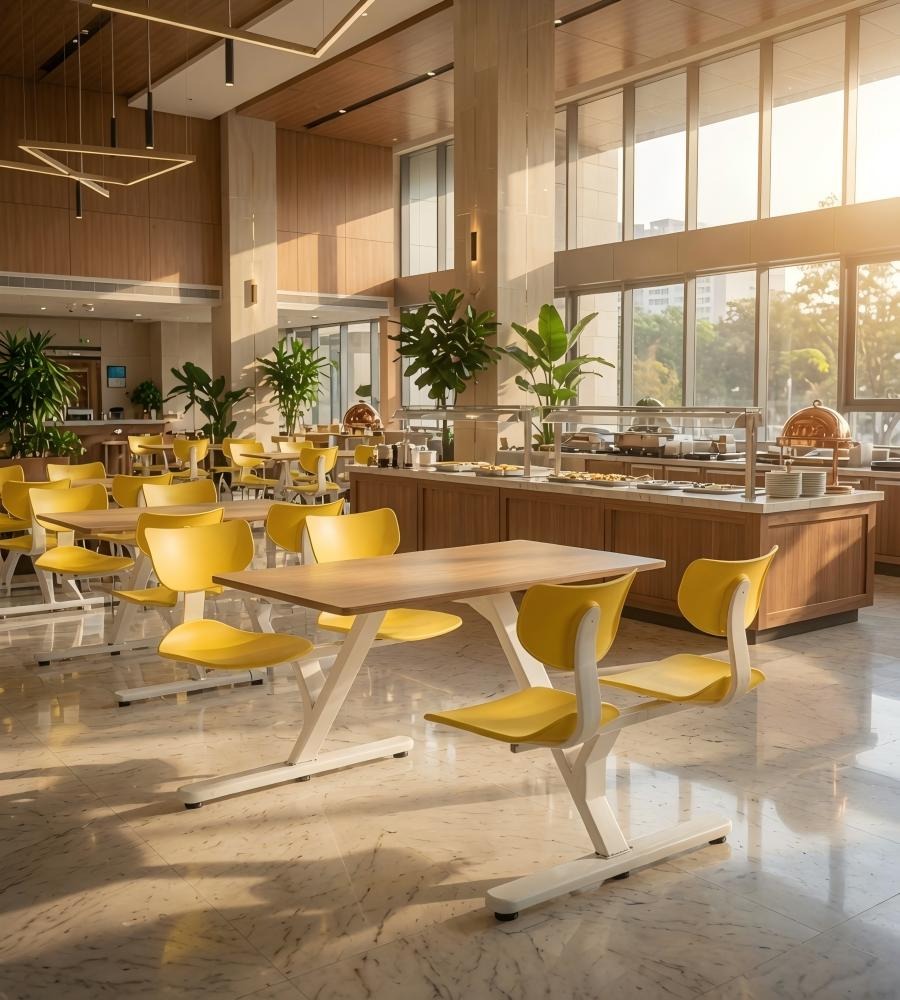 簡約學校飯堂淺木色配黃色鋼架四人位連體餐枱 School Dining Table Set