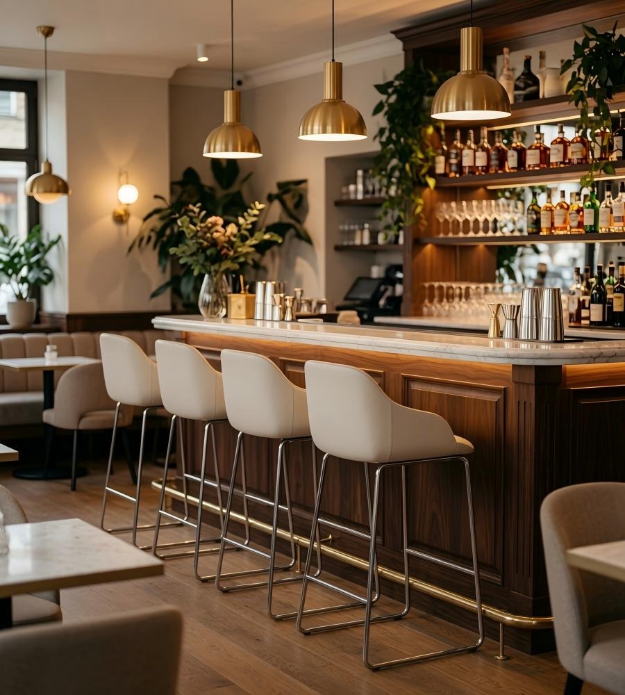現代簡約米色PU皮弓形腳高背吧椅 Modern Minimalist Beige PU Leather Bar Stool