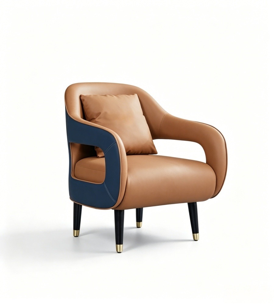 現代輕奢啡藍撞色西皮單座位梳化 Modern Light Luxury Brown & Blue PU Leather Single-Seater Sofa