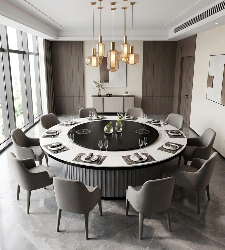 直條紋金屬底座電動圓餐檯 Vertical Fluted Metal-Base Electric Dining Table