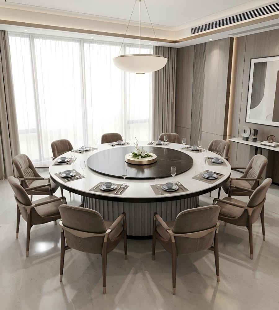 直條紋金屬底座電動圓餐檯 Vertical Fluted Metal-Base Electric Dining Table