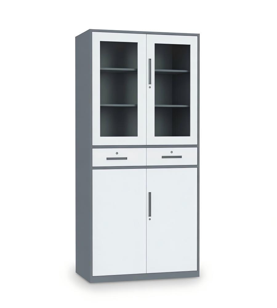灰白拼色鋼製四掩門帶雙櫃桶玻璃文件櫃 Gray & White Steel File Cabinet with Glass Doors and Drawers