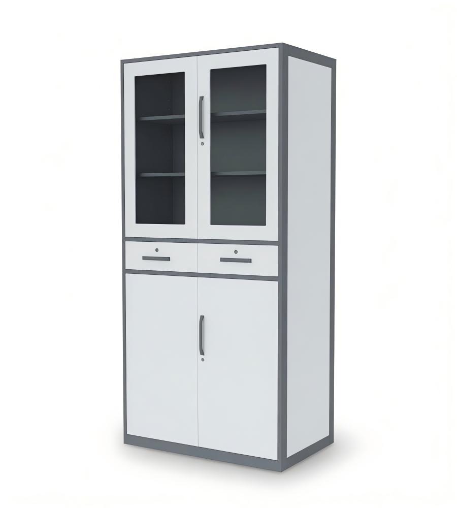 灰白拼色鋼製四掩門帶雙櫃桶玻璃文件櫃 Gray & White Steel File Cabinet with Glass Doors and Drawers