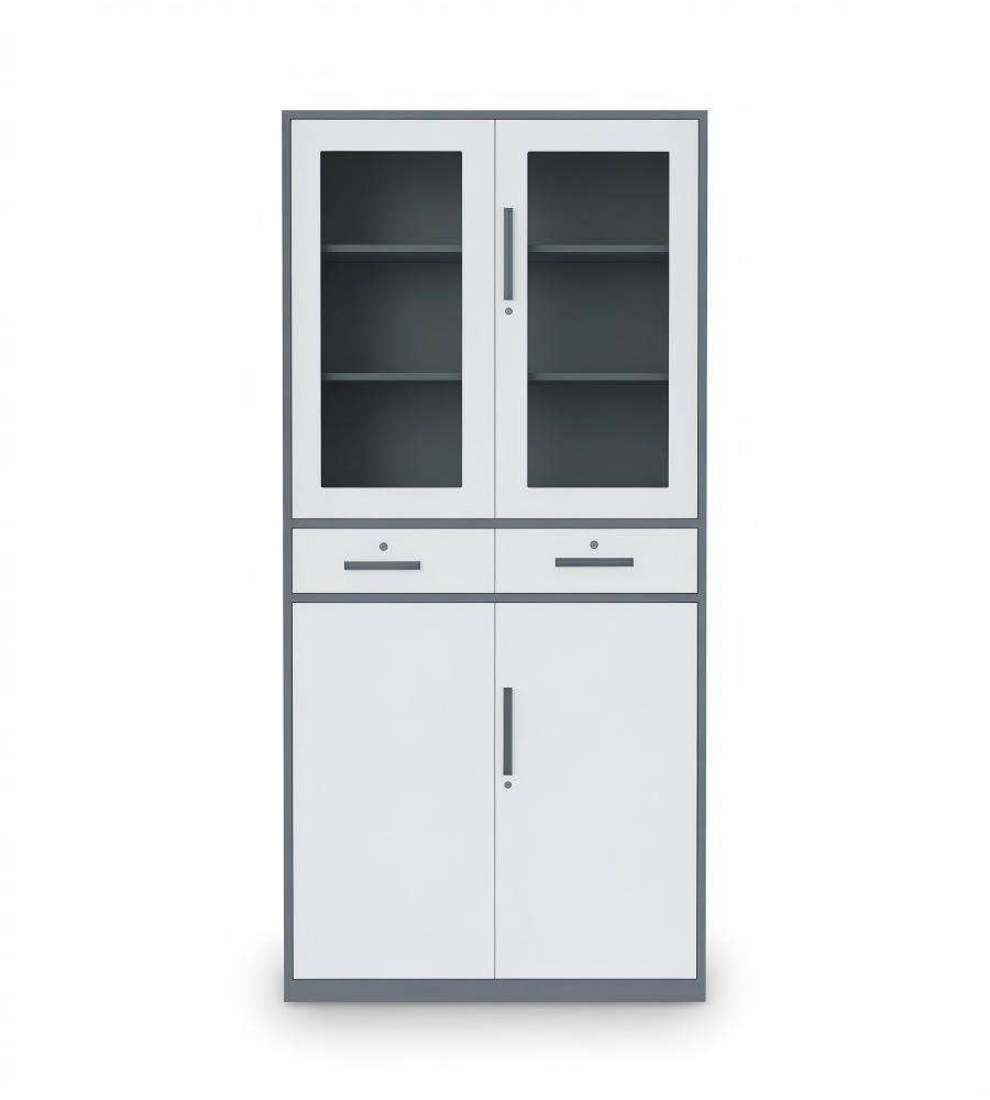 灰白拼色鋼製四掩門帶雙櫃桶玻璃文件櫃 Gray & White Steel File Cabinet with Glass Doors and Drawers