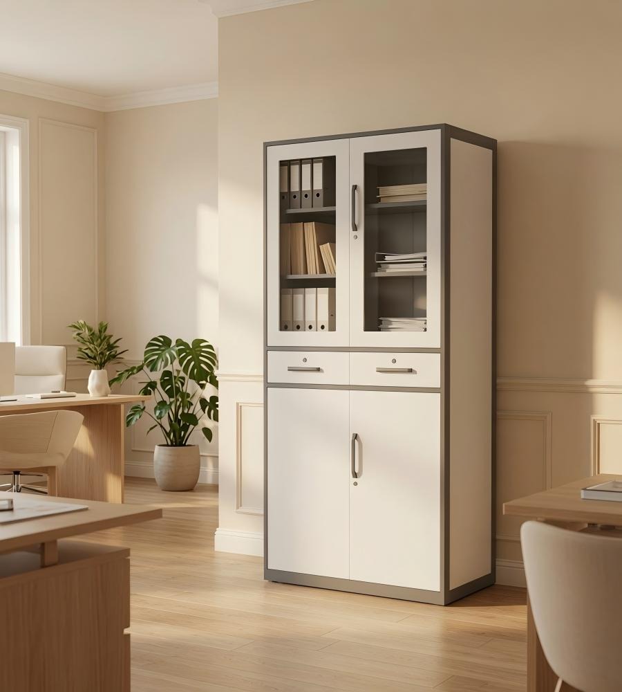 灰白拼色鋼製四掩門帶雙櫃桶玻璃文件櫃 Gray & White Steel File Cabinet with Glass Doors and Drawers