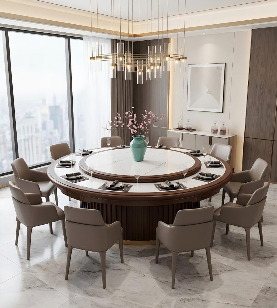 新中式深木紋電動大圓檯 New Chinese-Style Dark Wood Electric Banquet Table