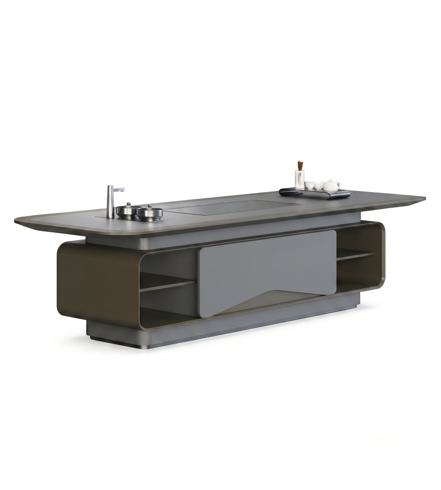 現代輕奢灰色實木帶茶盤燒水壺茶几 Modern Luxury Grey Solid Wood Smart Tea Coffee Table