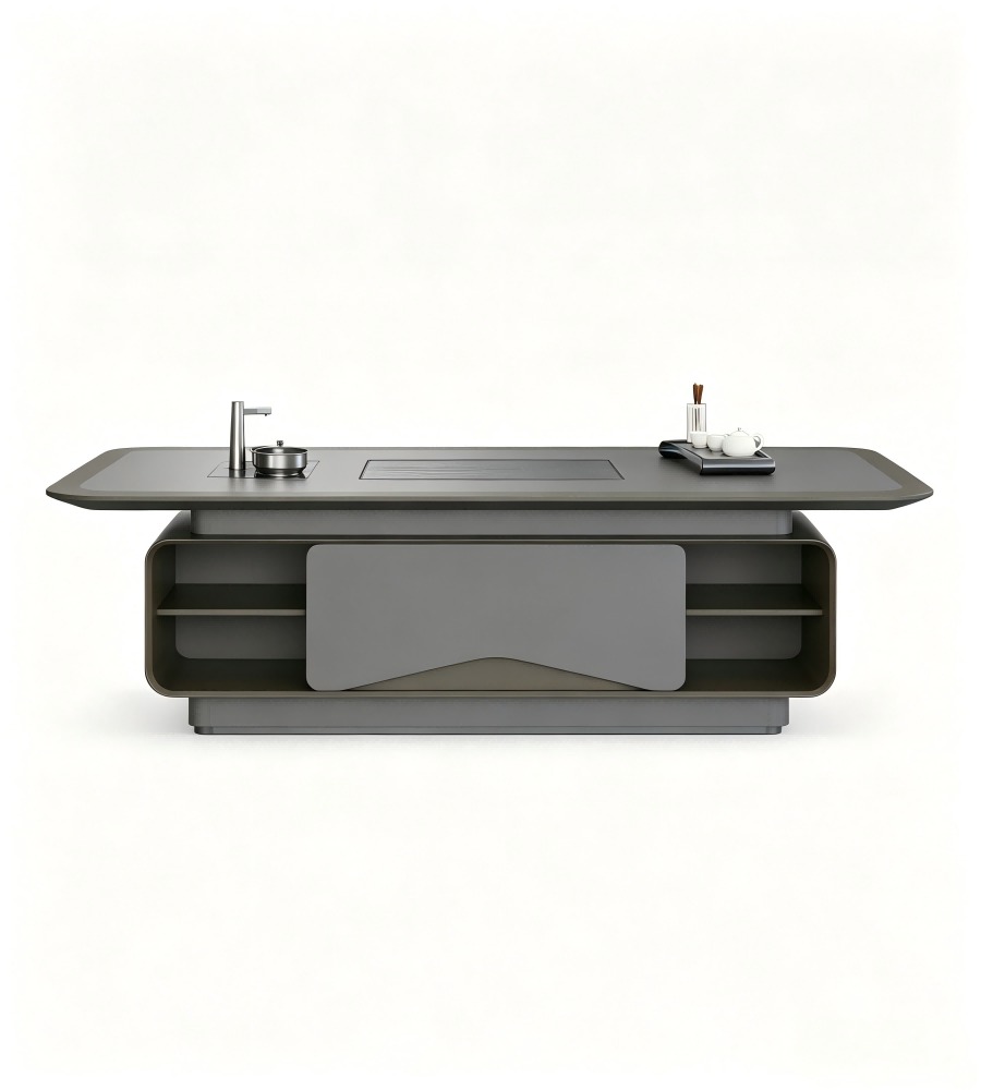 現代輕奢灰色實木帶茶盤燒水壺茶几 Modern Luxury Grey Solid Wood Smart Tea Coffee Table