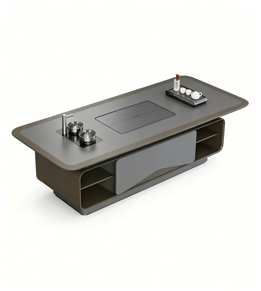 現代輕奢灰色實木帶茶盤燒水壺茶几 Modern Luxury Grey Solid Wood Smart Tea Coffee Table