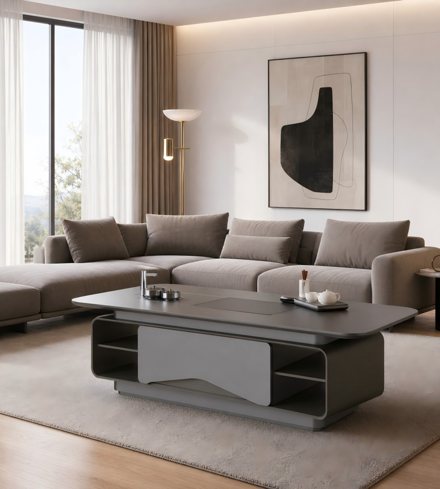 現代輕奢灰色實木帶茶盤燒水壺茶几 Modern Luxury Grey Solid Wood Smart Tea Coffee Table