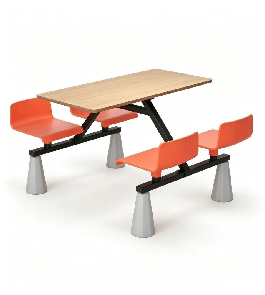 現代簡約木紋橙色四人位固定學校餐枱 Modern 4-Seater School Canteen Dining
