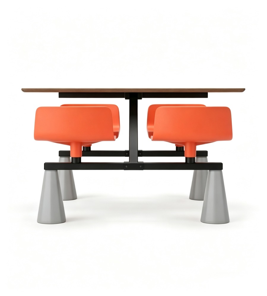 現代簡約木紋橙色四人位固定學校餐枱 Modern 4-Seater School Canteen Dining