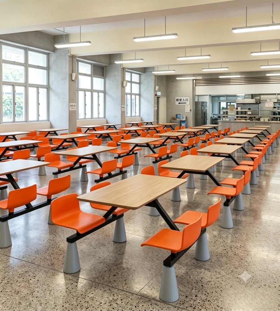 現代簡約木紋橙色四人位固定學校餐枱 Modern 4-Seater School Canteen Dining