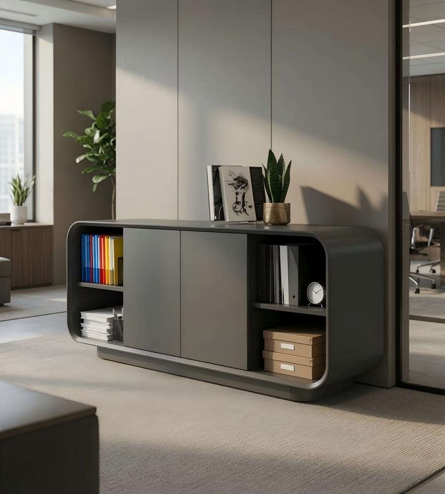深灰實木圓角半開放式矮身文件櫃 Dark Grey Solid Wood Low File Cabinet