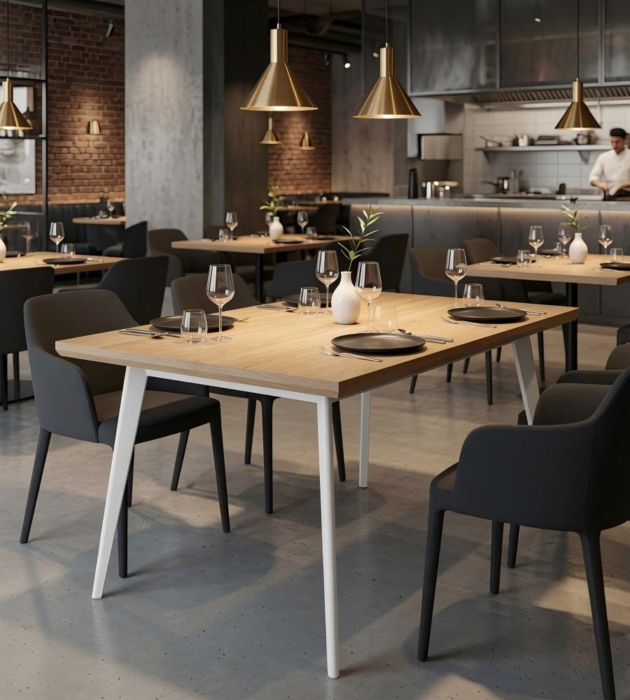 淺木色實木長方形白鋼腳茶餐廳餐枱 Modern Wood Dining Table