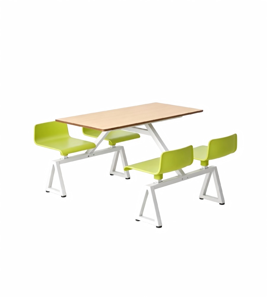簡約學校飯堂淺木色配綠色鋼架四人位連體餐枱 School Dining Table Set