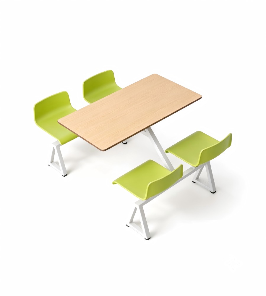 簡約學校飯堂淺木色配綠色鋼架四人位連體餐枱 School Dining Table Set
