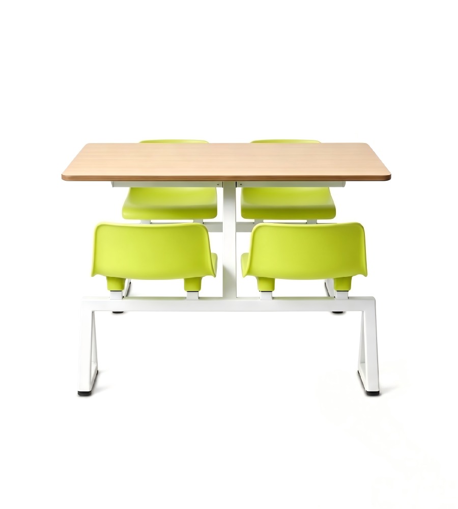 簡約學校飯堂淺木色配綠色鋼架四人位連體餐枱 School Dining Table Set