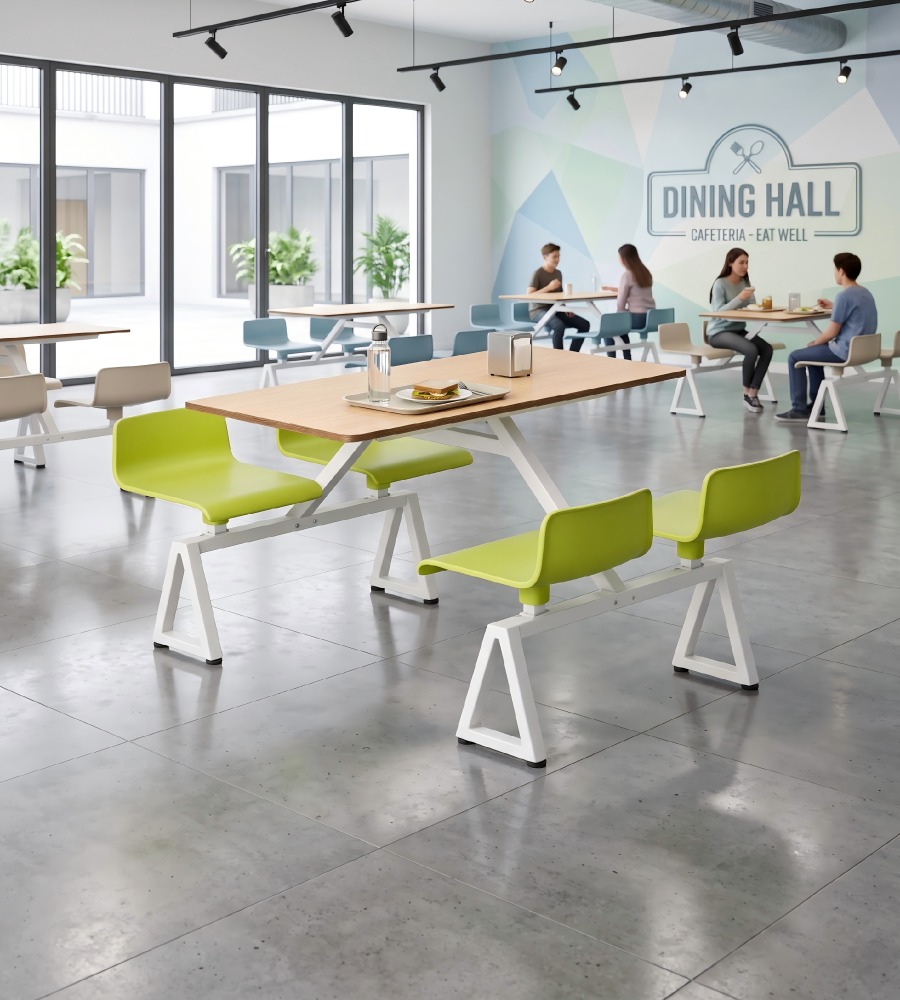 簡約學校飯堂淺木色配綠色鋼架四人位連體餐枱 School Dining Table Set