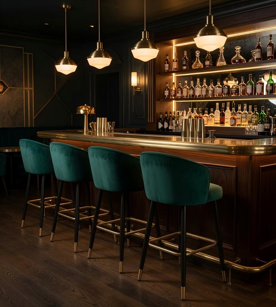 墨綠色布藝黑色實木腳帶扶手吧椅 Green Velvet Wood Bar Stool