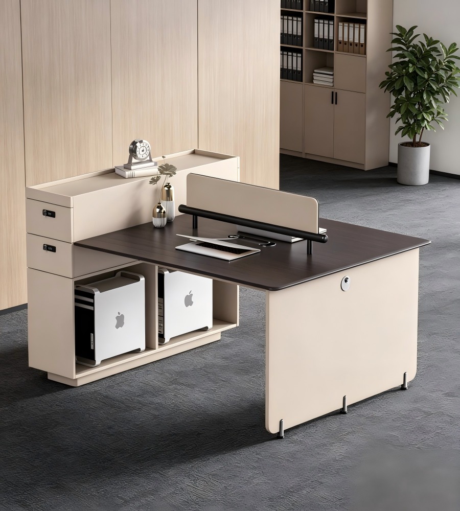 現代商務L形帶側櫃辦公枱 Modern Business  Beige Office Desk with Side Cabinet