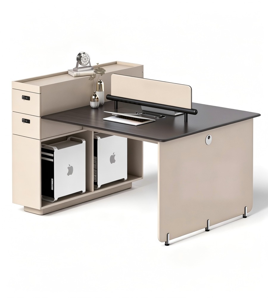 現代商務L形帶側櫃辦公枱 Modern Business  Beige Office Desk with Side Cabinet