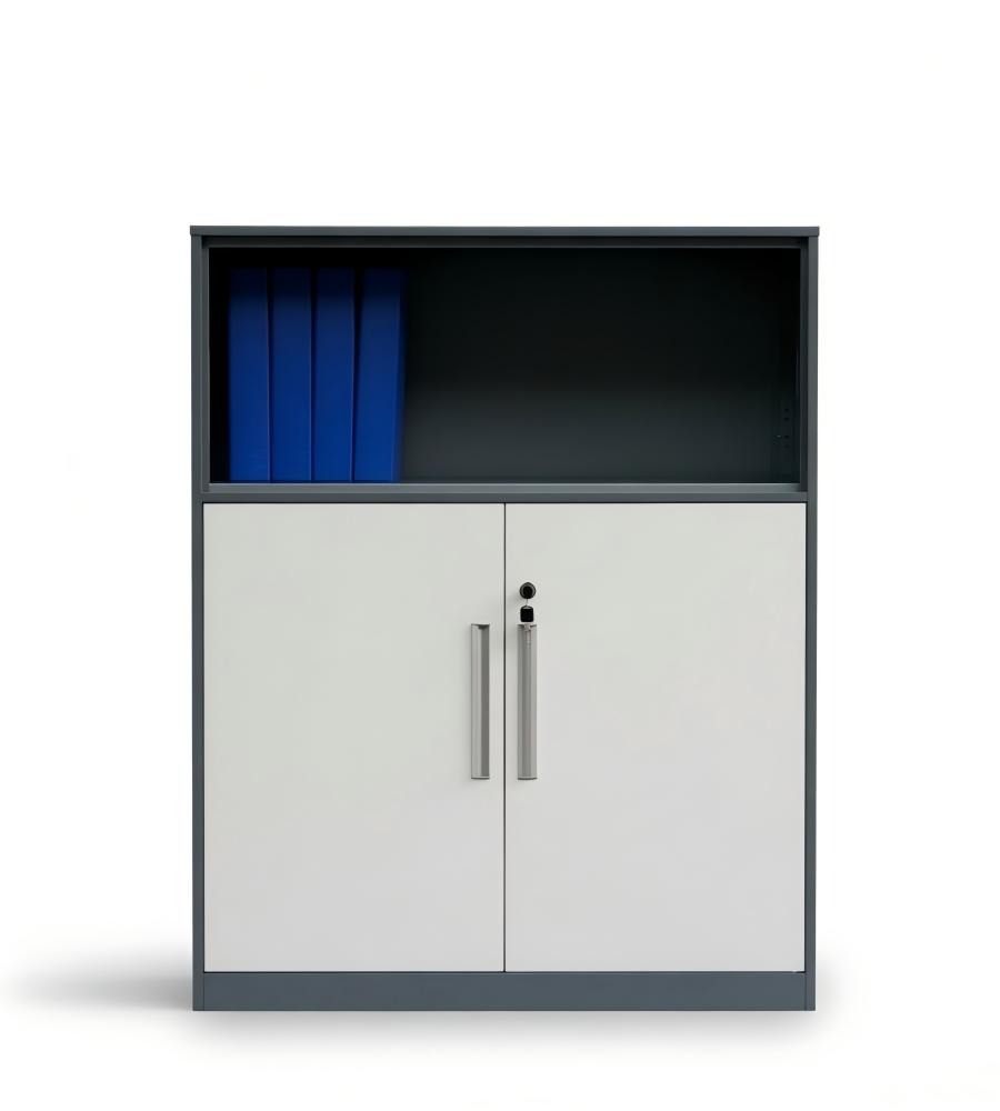 現代灰色鋼架開放格雙門帶鎖文件櫃 Modern Grey Steel Office Filing Cabinet