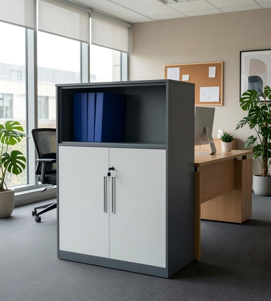現代灰色鋼架開放格雙門帶鎖文件櫃 Modern Grey Steel Office Filing Cabinet