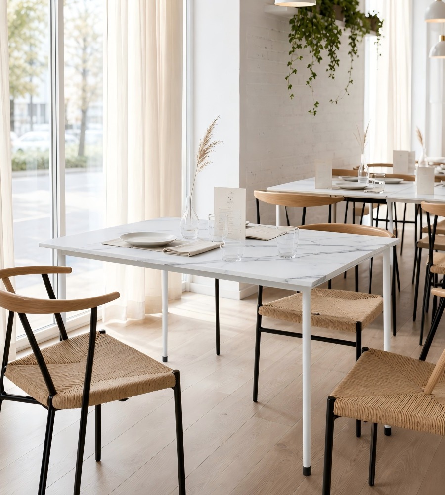 輕奢白色岩板鋼架長方形餐枱 White Sintered Stone Dining Table