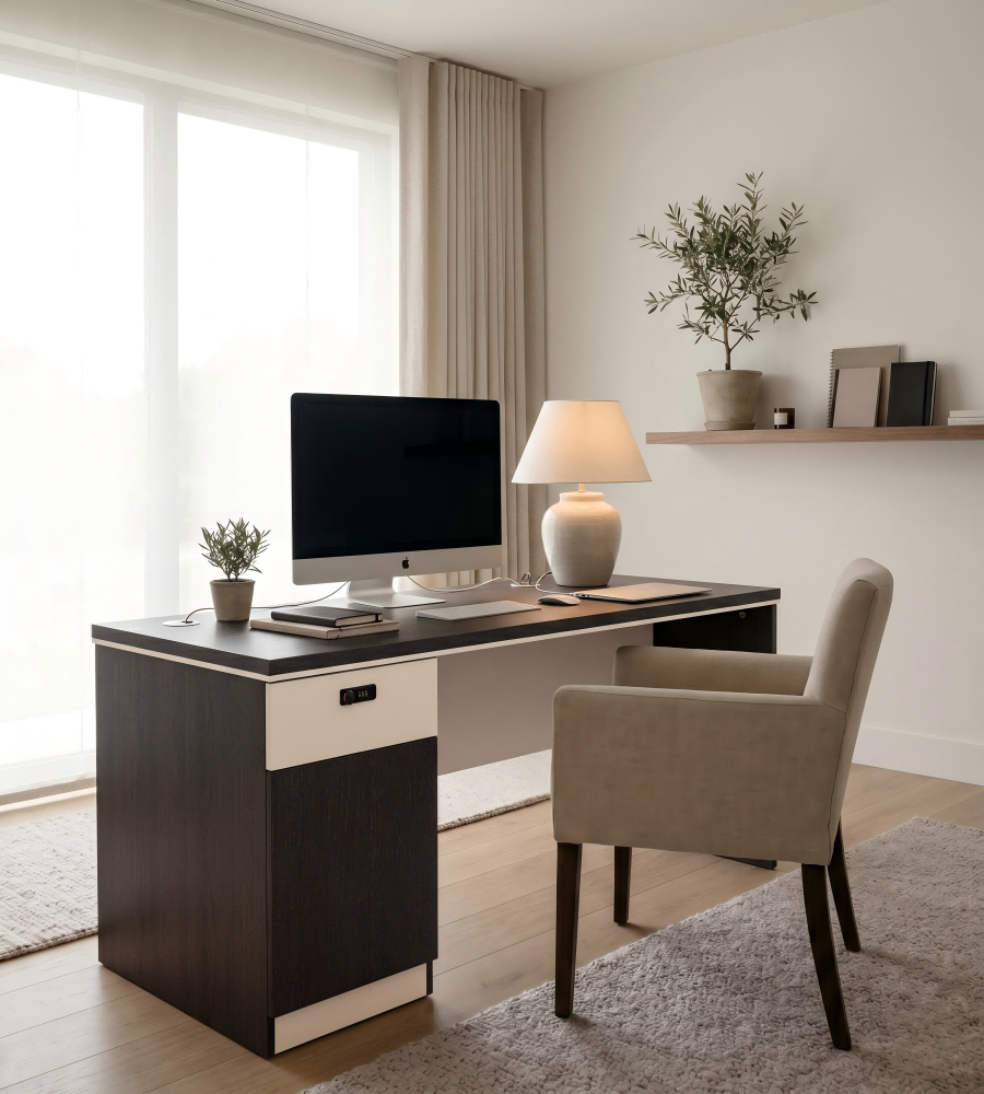 現代深木色密碼鎖帶櫃桶辦公枱 Modern Dark Wood Office Desk with Combination Lock