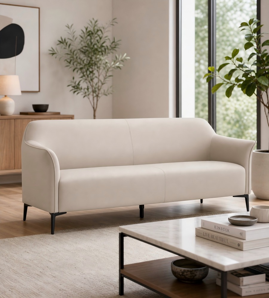 輕奢舒適米色西皮鐵腳三座位梳化 Beige PU Leather 3-Seater Sofa with Metal Legs