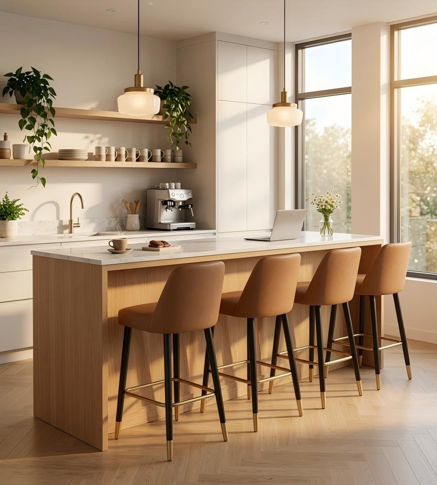 輕奢啡色PU皮黑色實木腳無扶手吧椅 Luxury Brown PU Leather Wood Bar Stool