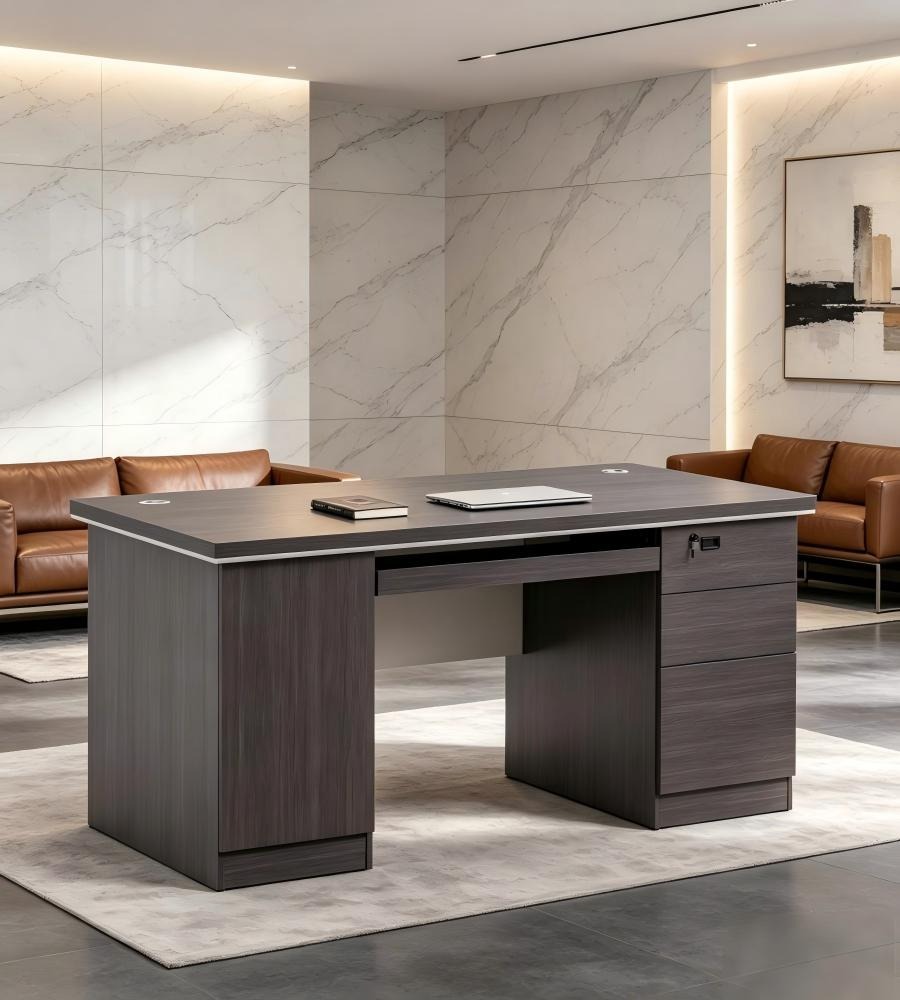 實用商務木紋帶櫃桶辦公枱 Practical Business Dark Grey  Office Desk with Drawers