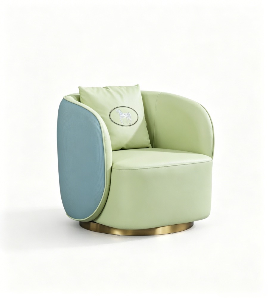 現代輕奢綠藍雙拼西皮帶抱枕單座位梳化 Modern Light Luxury Green & Blue Faux Leather Single Seater Sofa